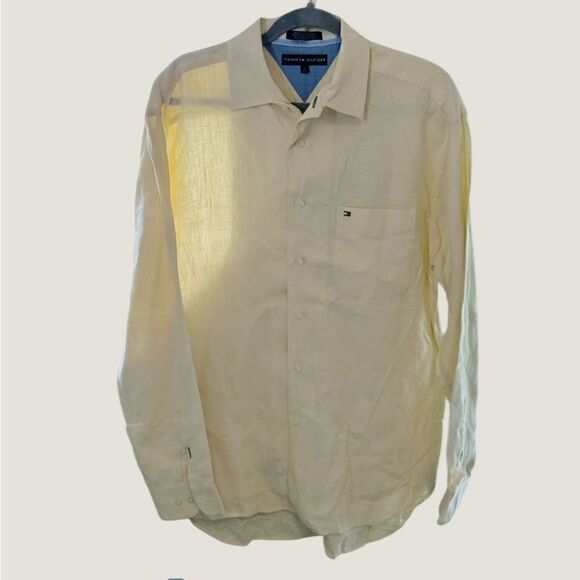 Vintage Tommy Hilfiger 100% Linen Pale Yellow Polo - Picture 1 of 4